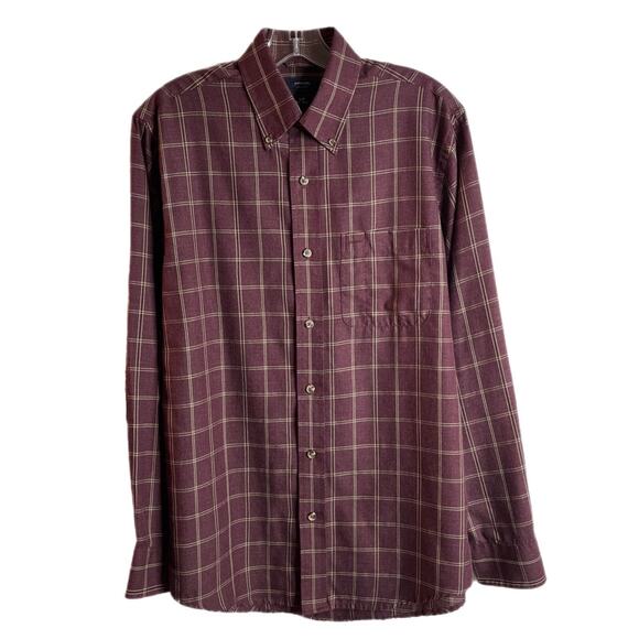 Arrow Men's Button Down Shirt S 14-14.5 Burgundy Red Check Collared Long Sleeve - Picture 2 of 8